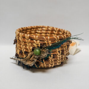 Handwoven Pine Needle Basket With Peacock Feather